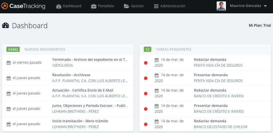 Gestion de una cartera de juicios o procesos judiciales expedientes<br />